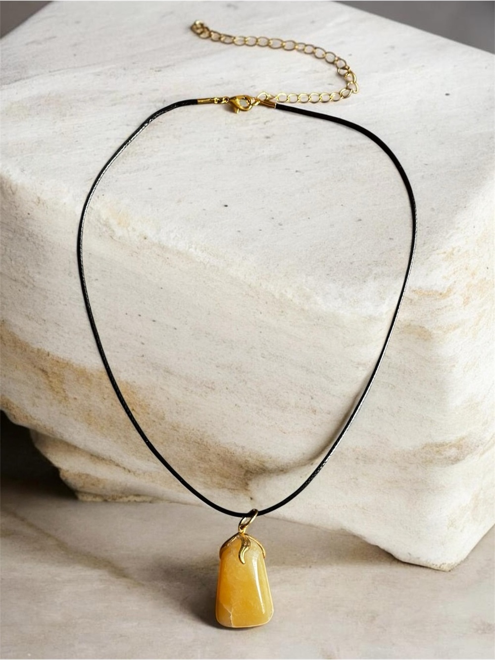 Honey Calcite Banded Pendant Necklace | Black Waxed Cord Goldtone